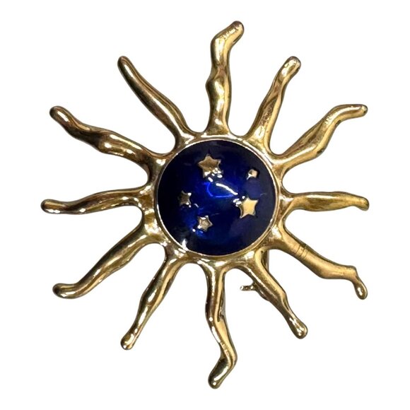 Celestial Witch Goth Gold-Tone Sunburst Brooch Blue Enamel Center & Star Accents - Picture 1 of 5